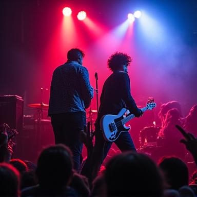 A promotional photo of the energetic indie rock band The Vanguards, mid-performance.