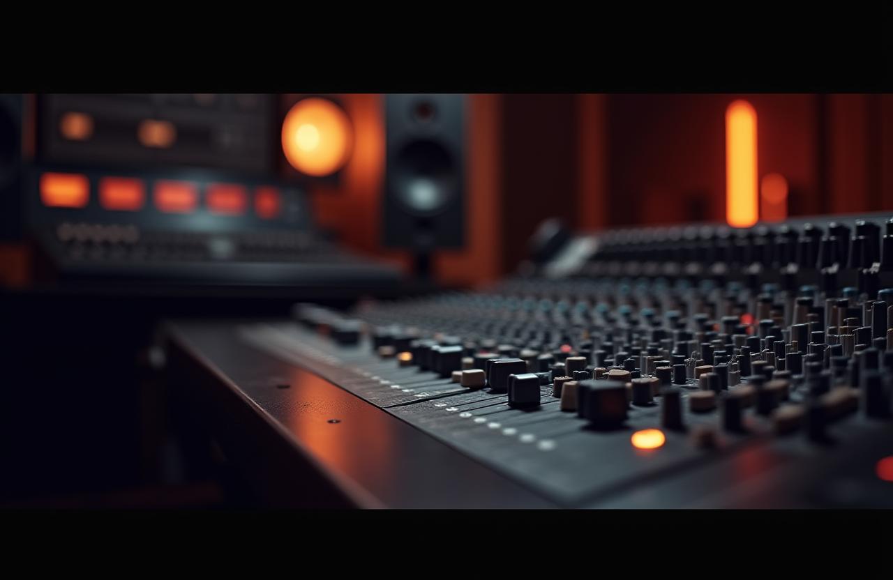 The main mixing console at Southern Sound Media studio, dimly lit and atmospheric.