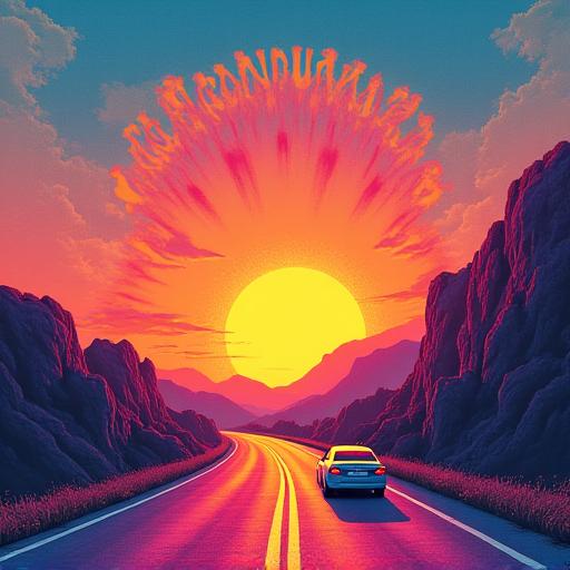 Album art for 'Sunset Drive' by The Vanguards, featuring vibrant retro aesthetics.