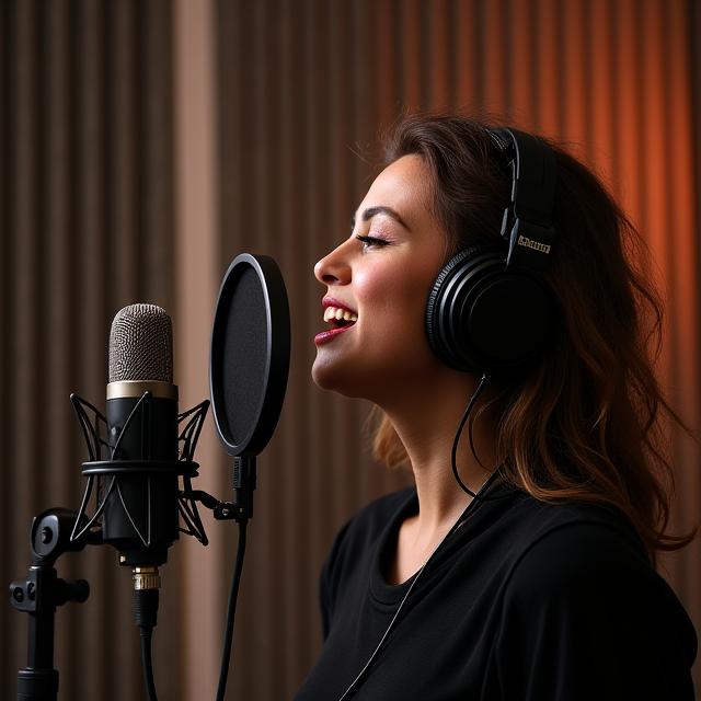 An artist singing into a studio microphone, capturing raw emotion.
