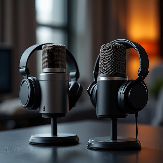 A professional podcasting setup with two microphones and headphones, ready for conversation.