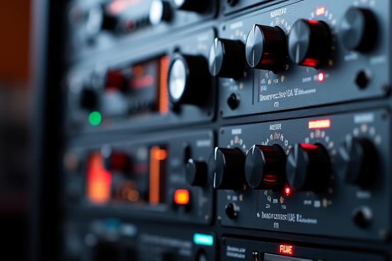 A rack of professional audio compressors and equalizers, showcasing extensive high-quality outboard gear.