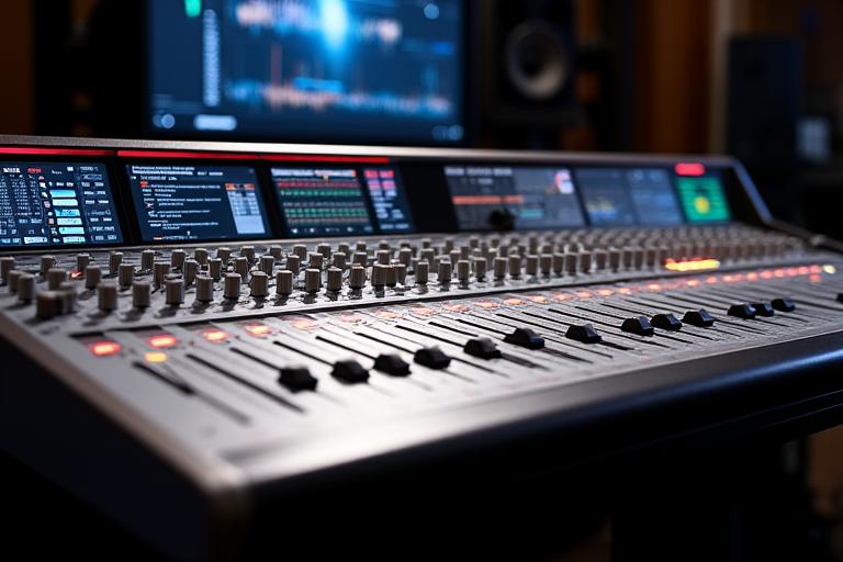 A wide shot of the Solid State Logic Duality mixing console, showcasing its impressive array of controls.